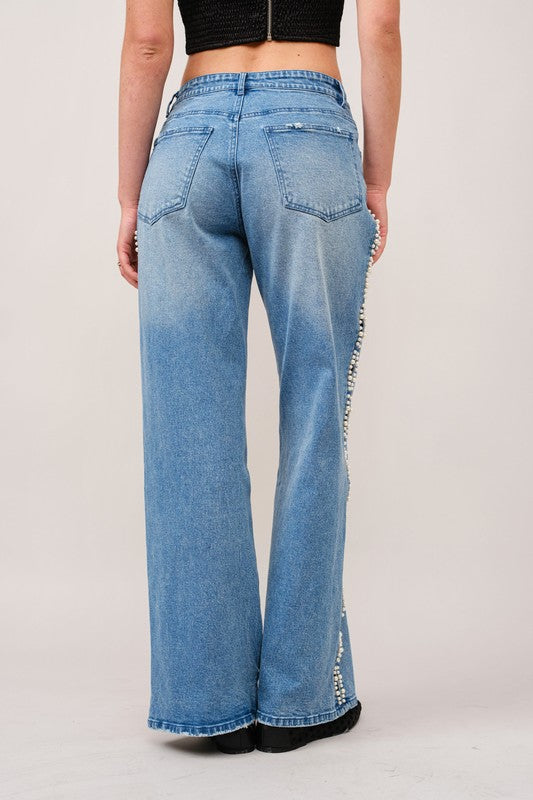 Pearl Embellished Cut Out Side Jeans