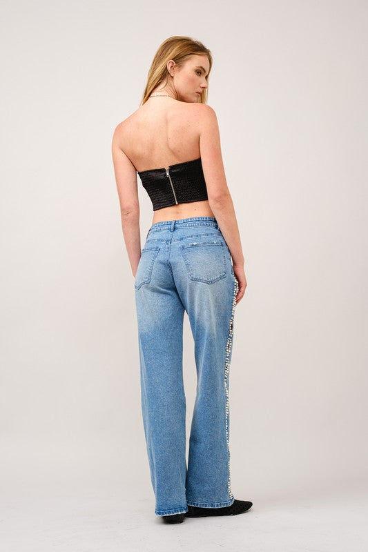 Pearl Embellished Cut Out Side Jeans