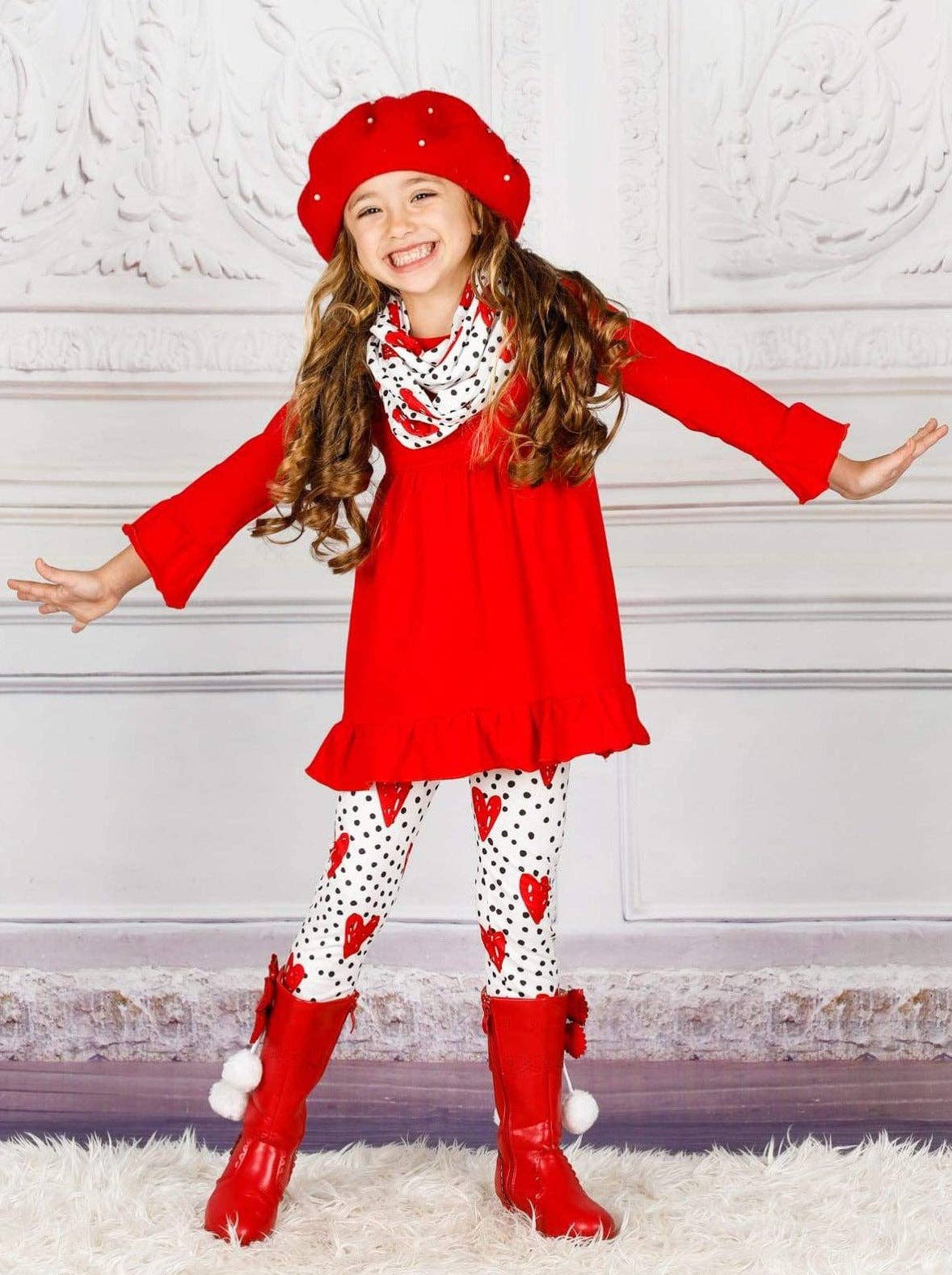 Valentine's Outfits  Girls Hi-Lo Ruffle Tunic, Scarf And Legging Set – Mia  Belle Girls