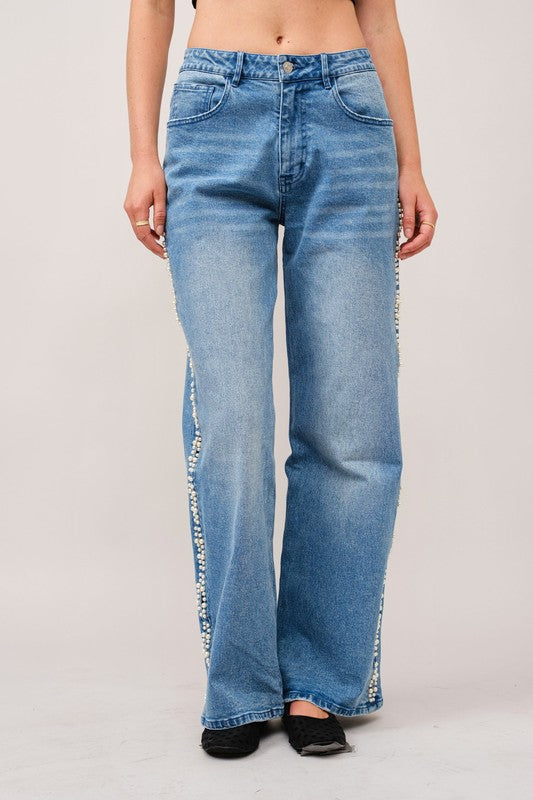 Pearl Embellished Cut Out Side Jeans