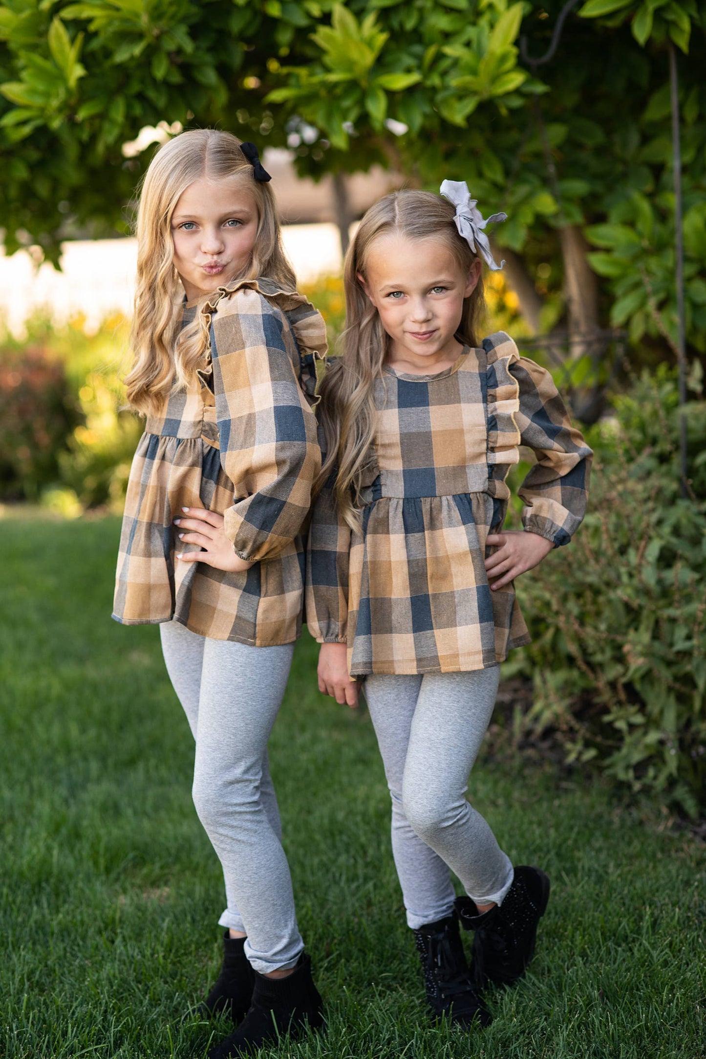 Kids Mustard Gray Plaid Ruffle Button Fall Winter Set