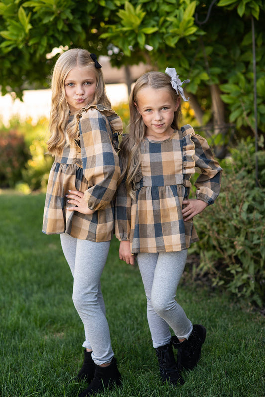 Kids Mustard Gray Plaid Ruffle Button Fall Winter Set