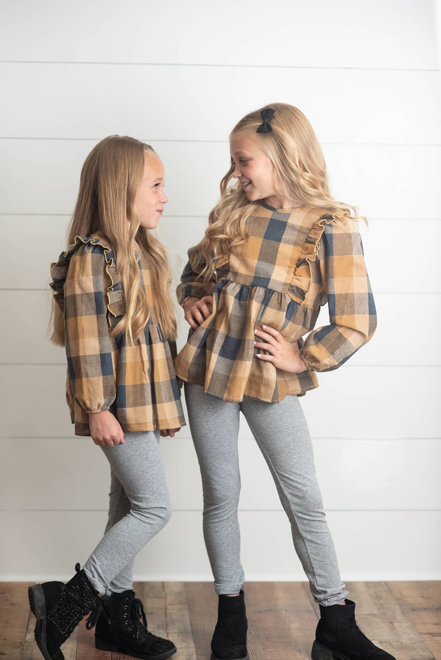 Kids Mustard Gray Plaid Ruffle Button Fall Winter Set