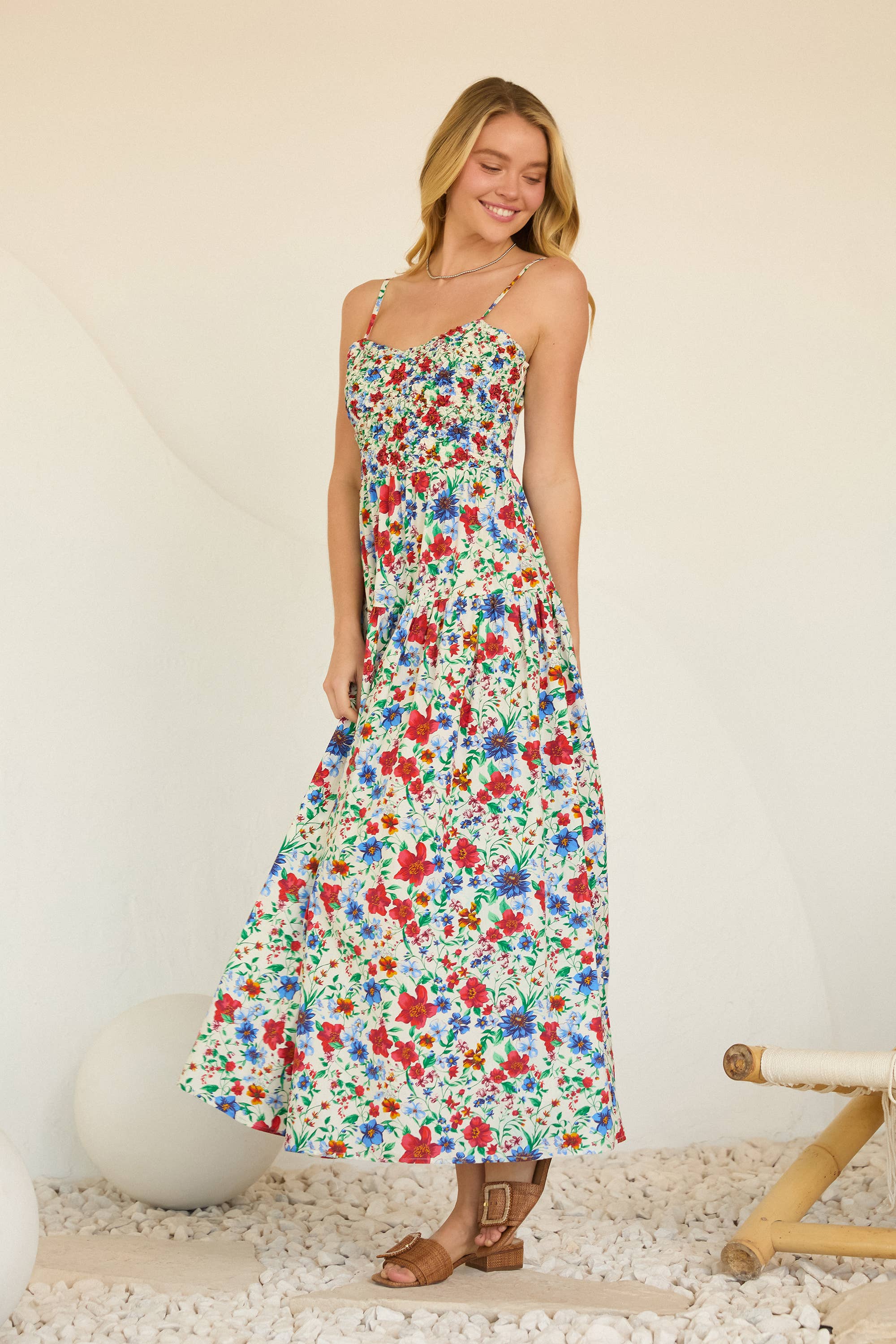 Floral Print Maxi Dress with Smocked Bust