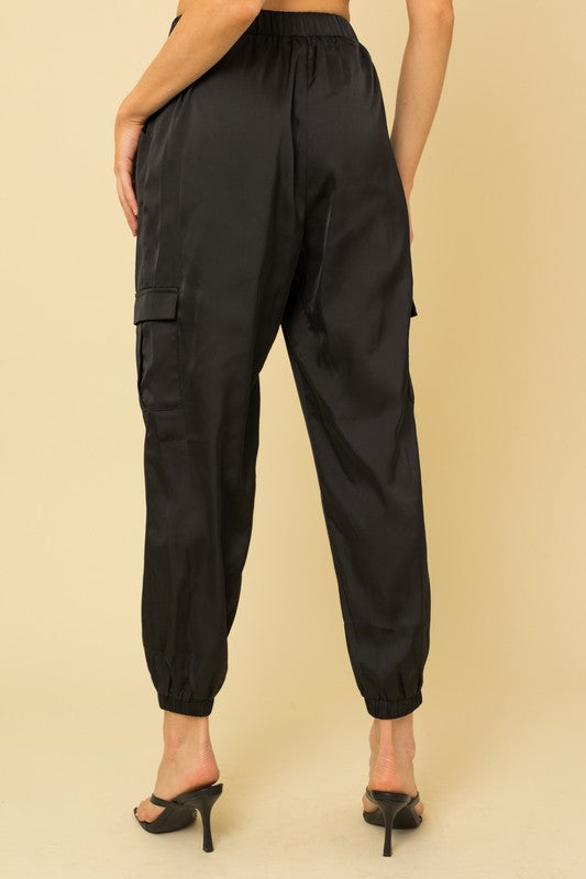 Sarah Satin Cargo Joggers in Black or Olive