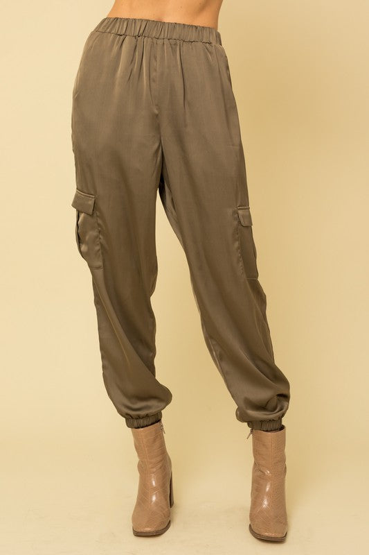 Sarah Satin Cargo Joggers in Black or Olive