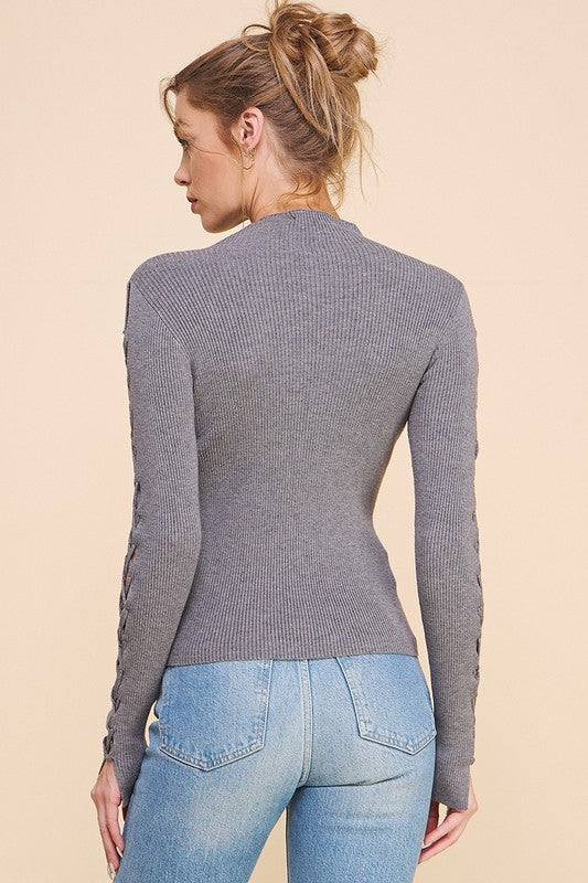 Lace It Up Fitted Mock Neck Sweater