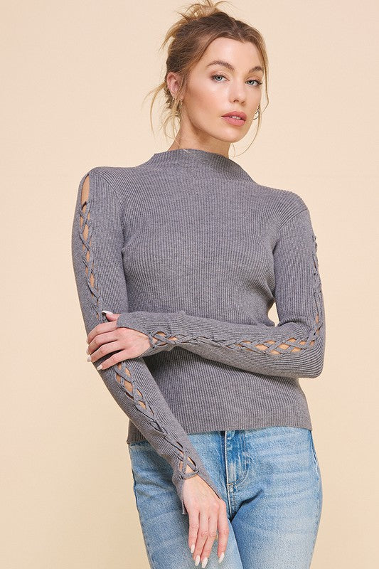 Lace It Up Fitted Mock Neck Sweater