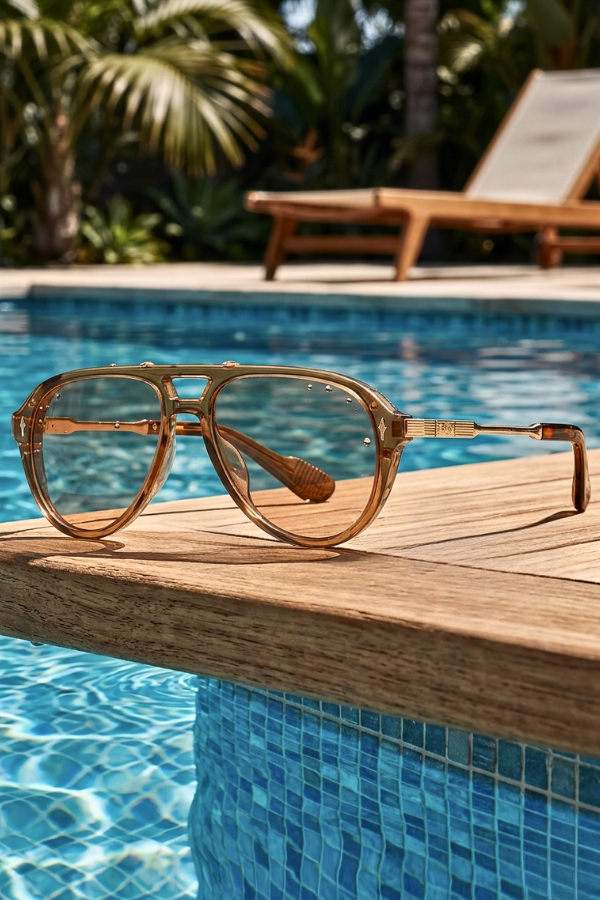 Gold aviator sunglasses on a wooden ledge by a pool with palm trees in the background
