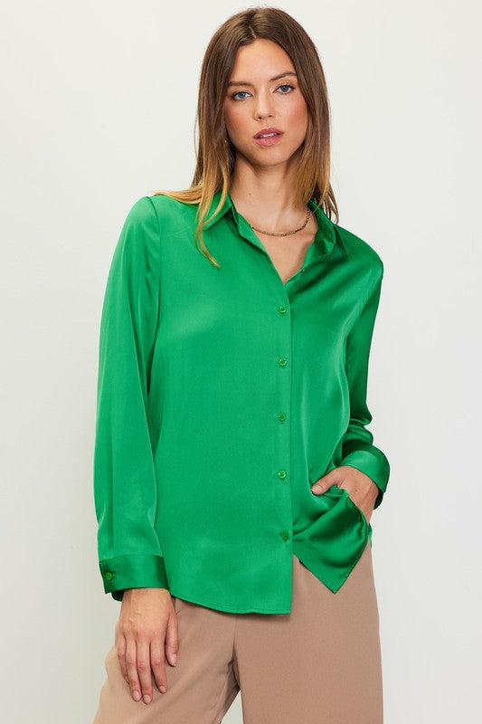 Satin Classic Button Down Blouse in Green, Off White, & Black