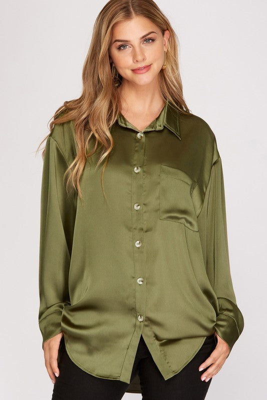 Olive Satin Button Down Shirt