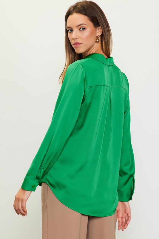 Satin Classic Button Down Blouse in Green, Off White, & Black