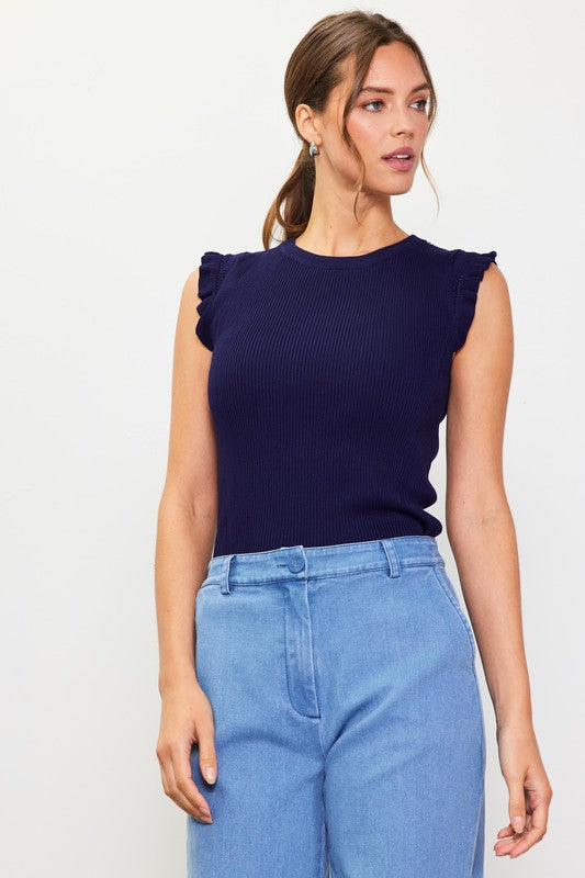 Rena Ruffle Sleeve Knit Top in Navy, Off White, Poppy Red