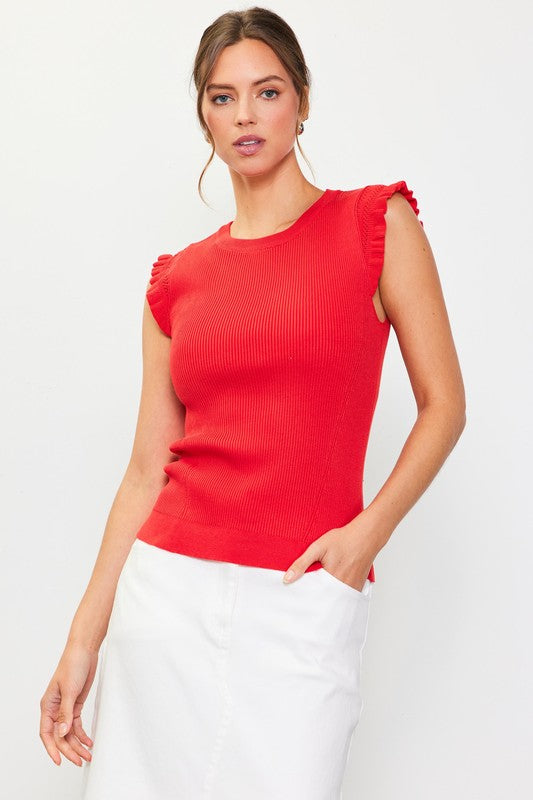 Rena Ruffle Sleeve Knit Top in Navy, Off White, Poppy Red