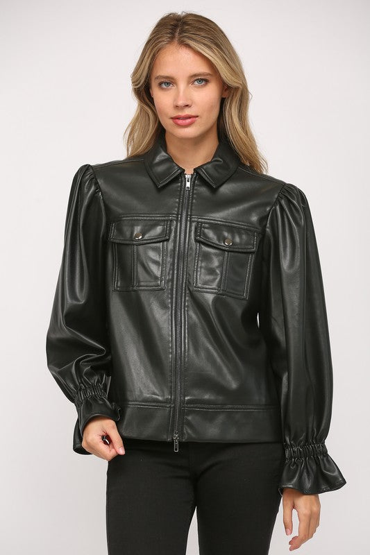 Puff Sleeve Faux Leather Jacket