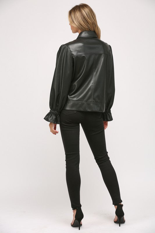 Puff Sleeve Faux Leather Jacket