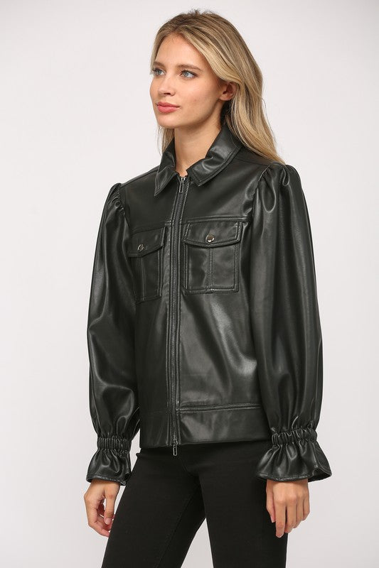 Puff Sleeve Faux Leather Jacket