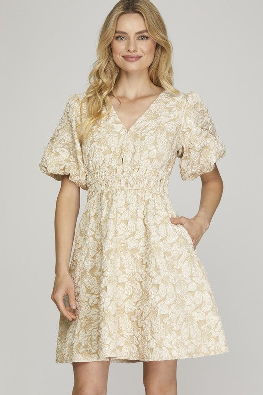 Becca Balloon Sleeve Jacquard Dress