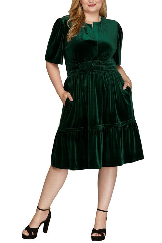 Penelope Pintucked Velvet Dress in Curvy