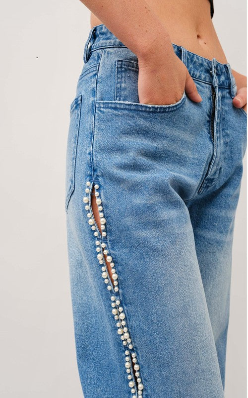 Pearl Embellished Cut Out Side Jeans