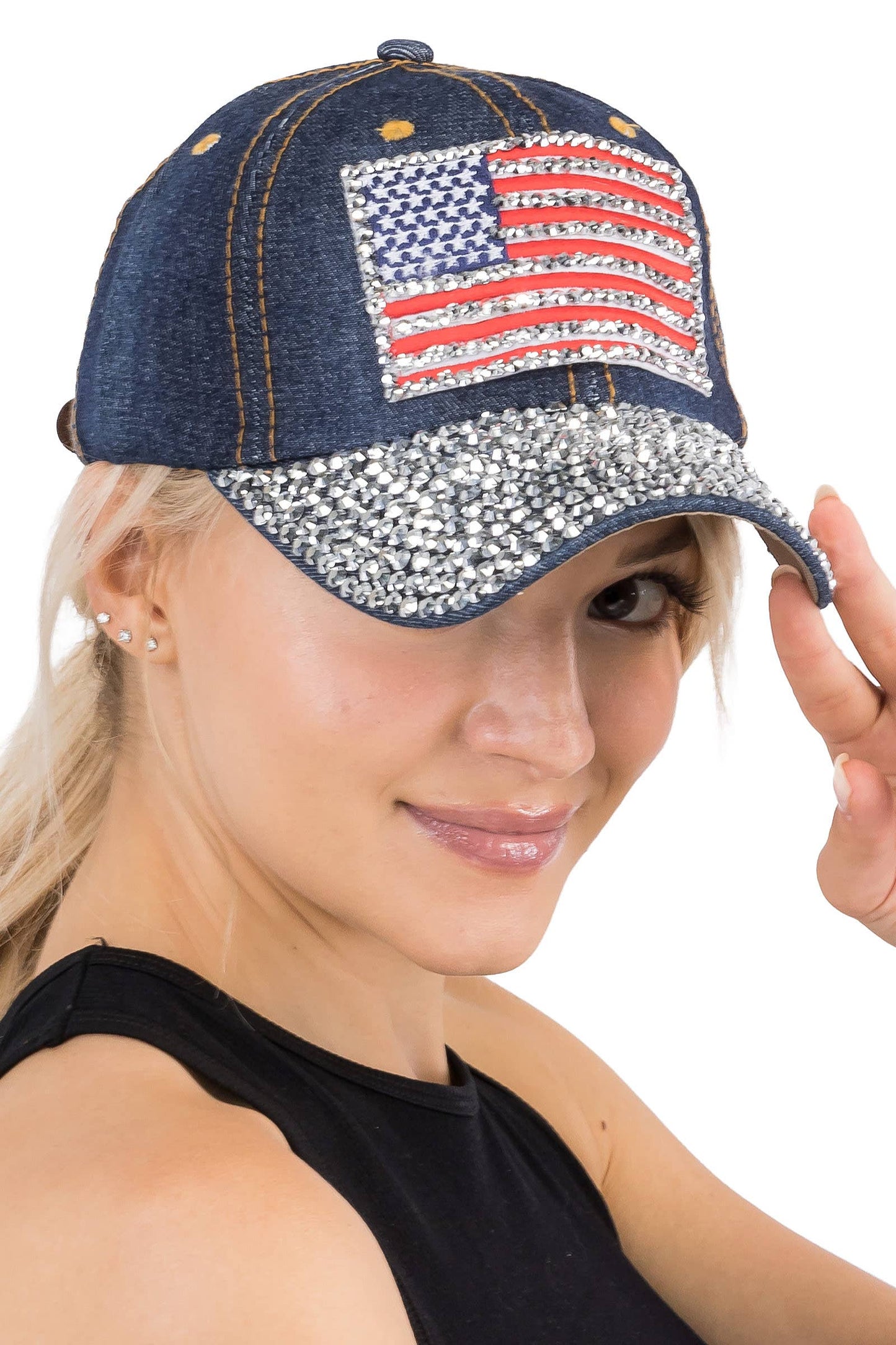 American Flag Bling Patch Denim Baseball Cap