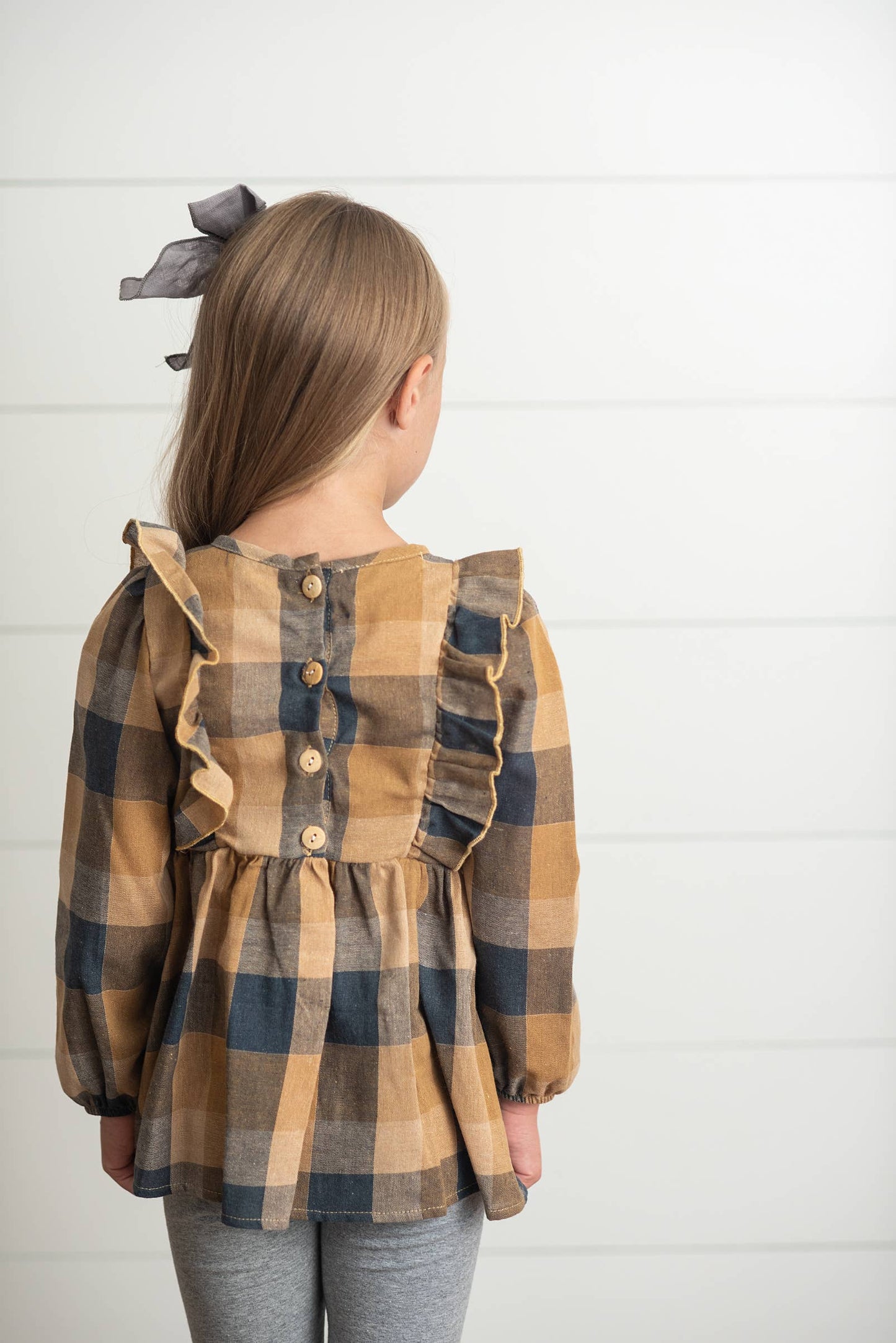 Kids Mustard Gray Plaid Ruffle Button Fall Winter Set