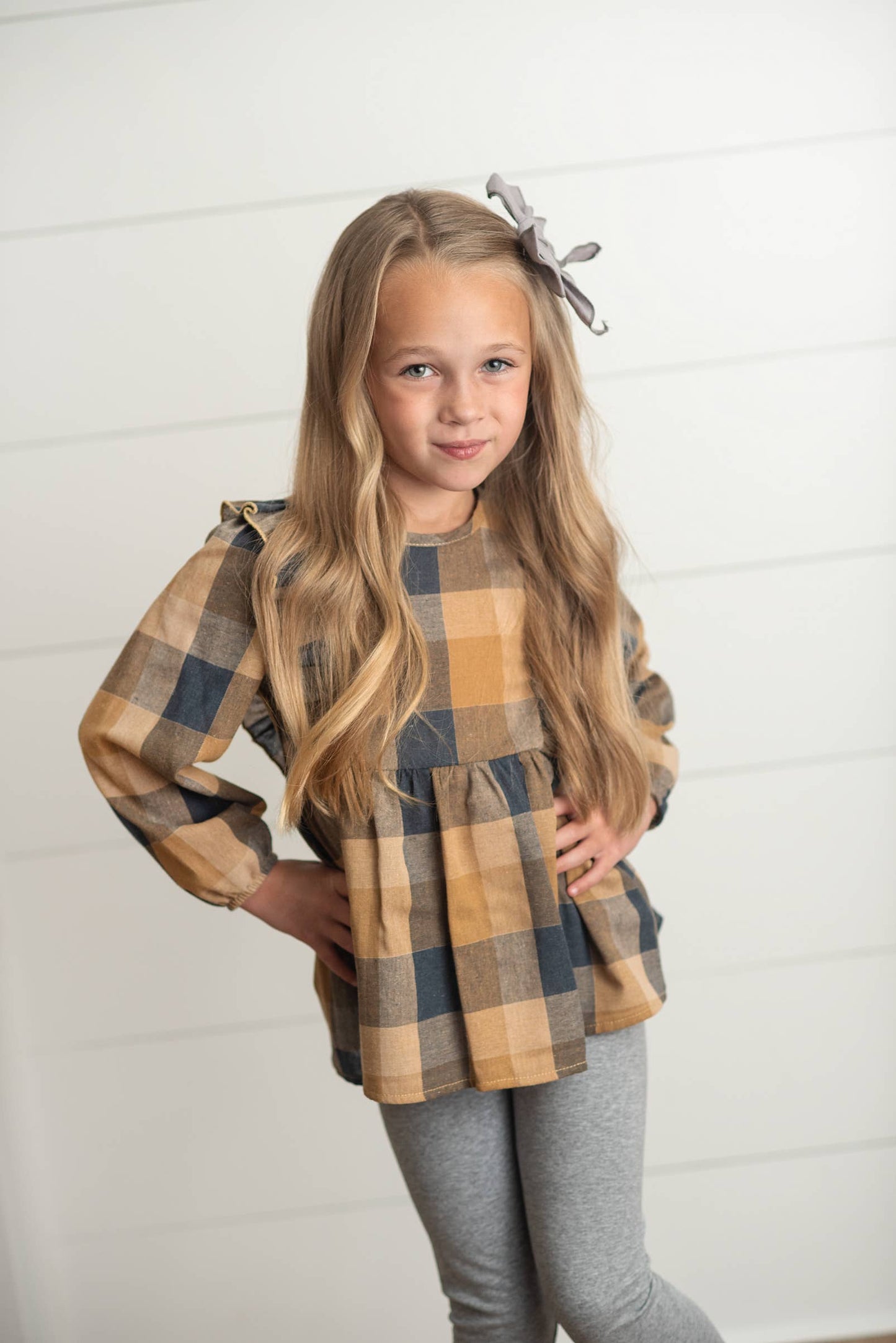 Kids Mustard Gray Plaid Ruffle Button Fall Winter Set