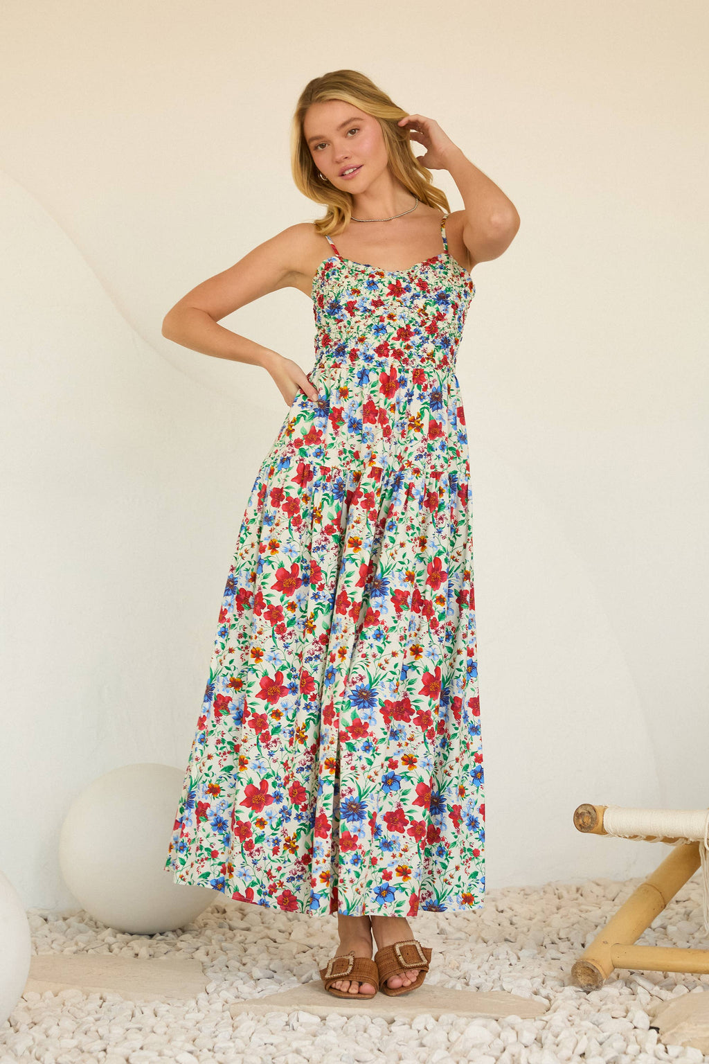 Floral Print Maxi Dress with Smocked Bust