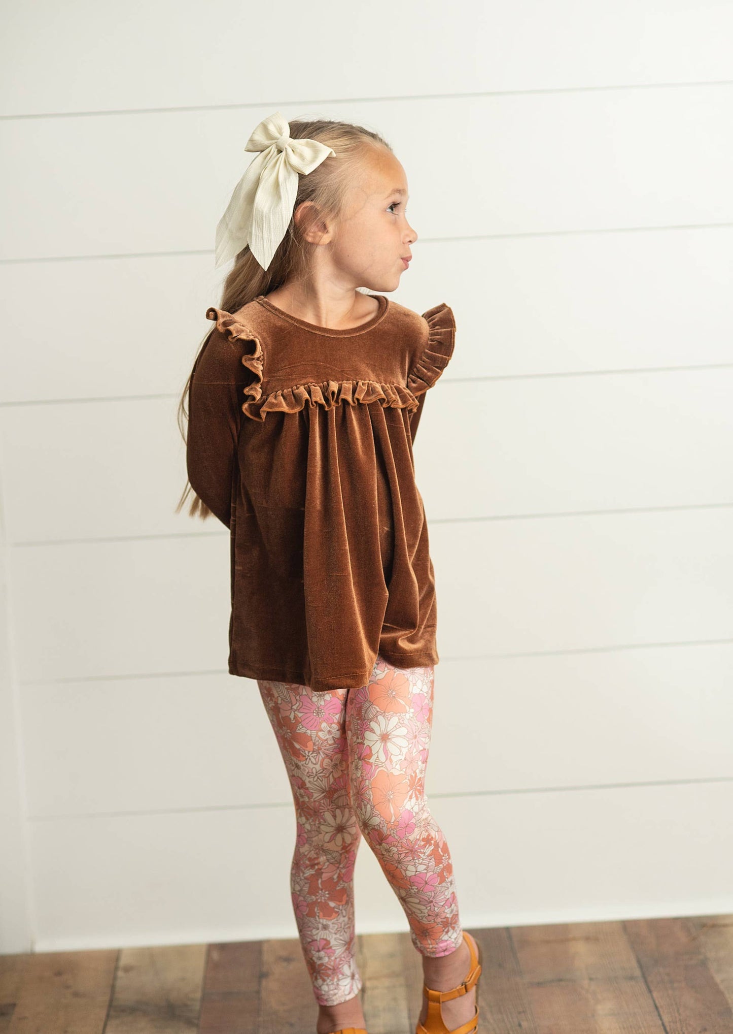 Kids Chocolate Velvet Ruffle Top & Vintage Floral Fall Set