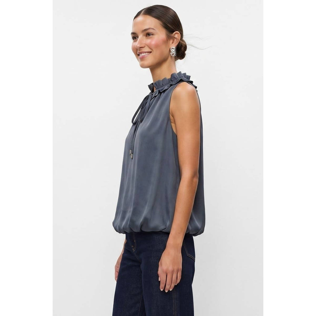 Satin Ruffle Collar Keyhole Top