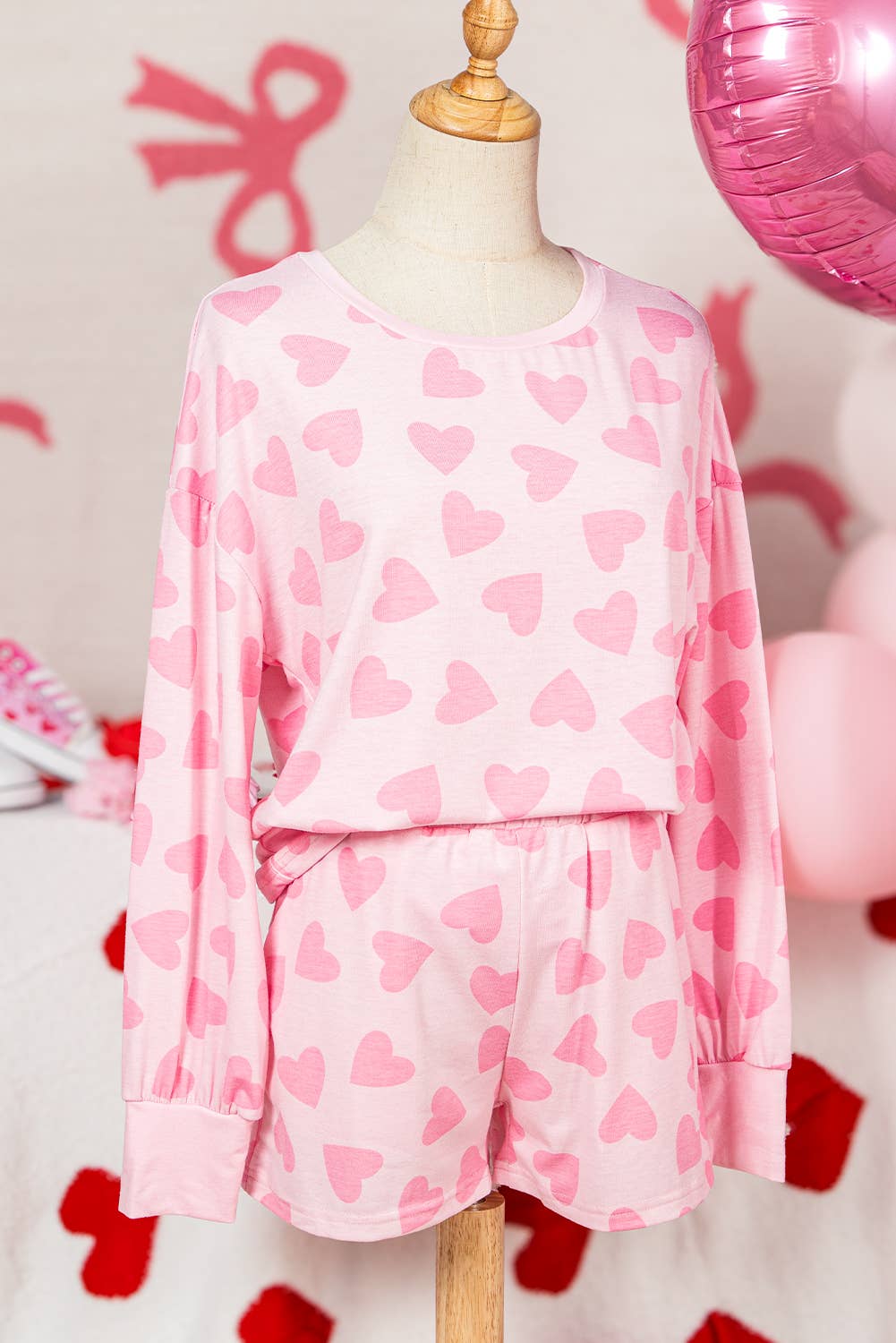 Valentine Heart Print Long Sleeve Top Shorts Lounge Set