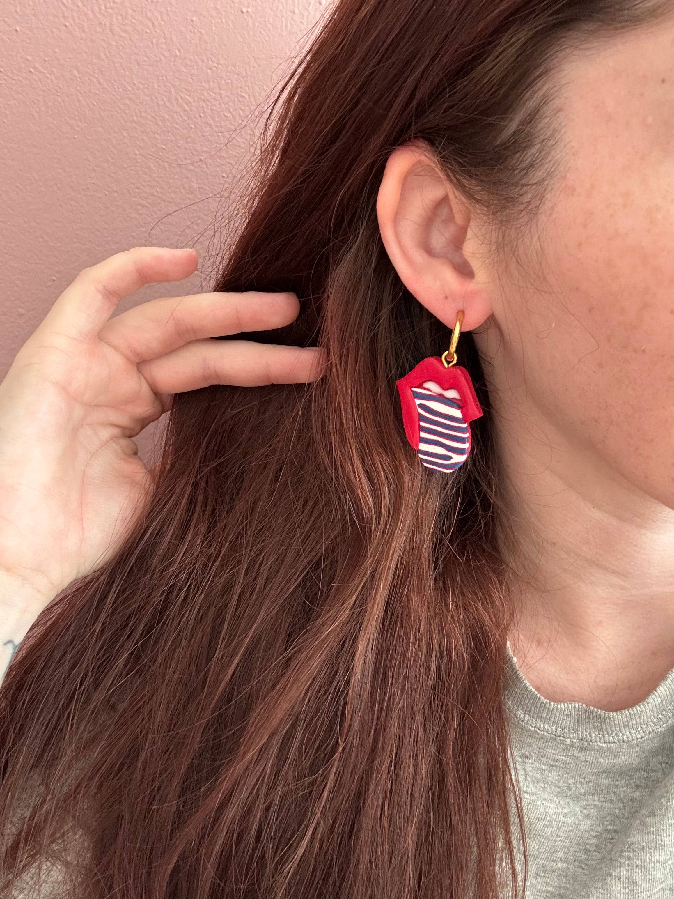Buffalo Bills dangle earrings, tongue out earrings
