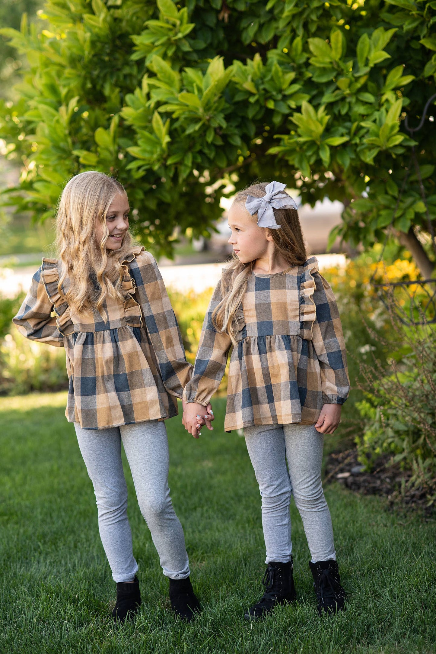 Kids Mustard Gray Plaid Ruffle Button Fall Winter Set