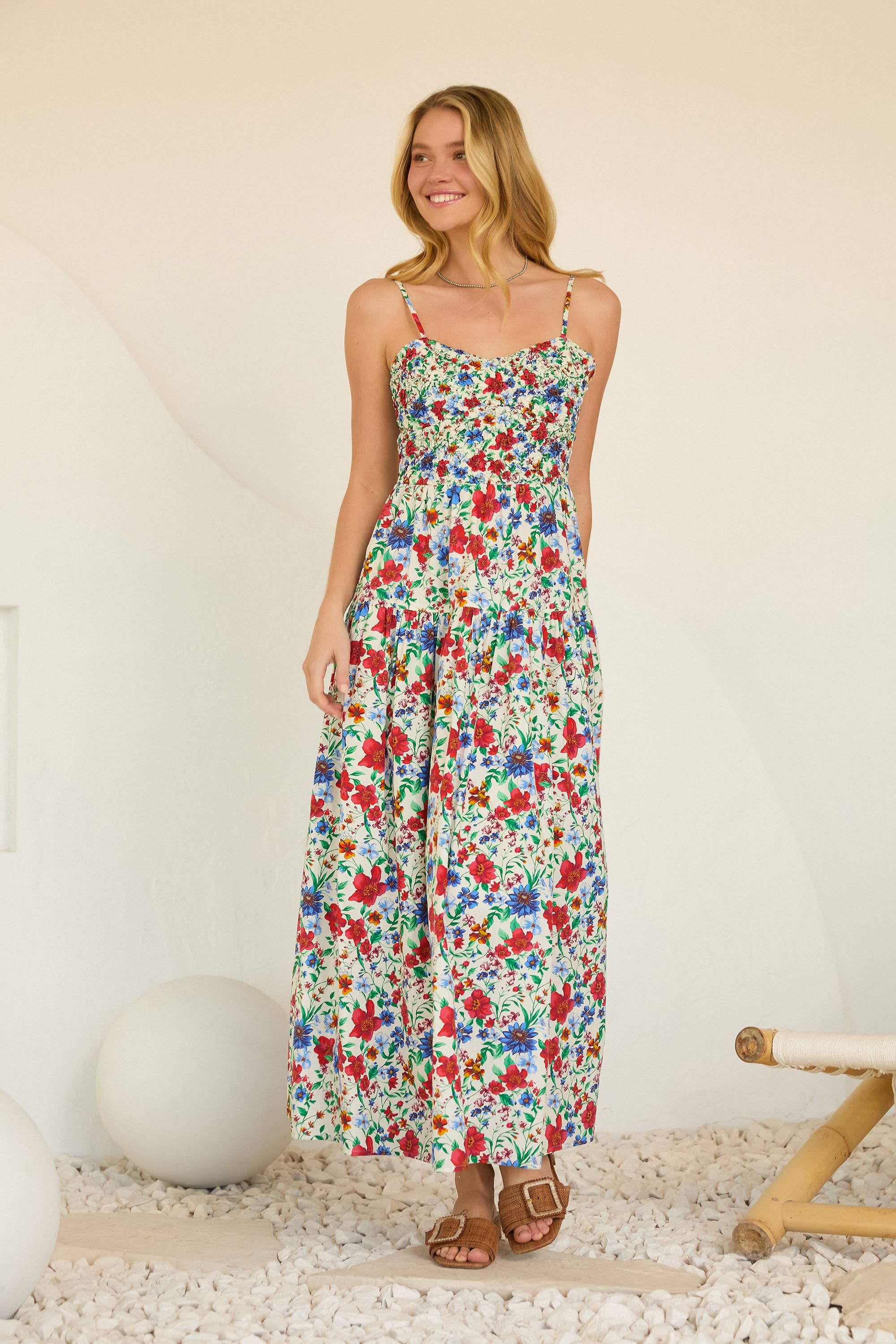 Floral Print Maxi Dress with Smocked Bust