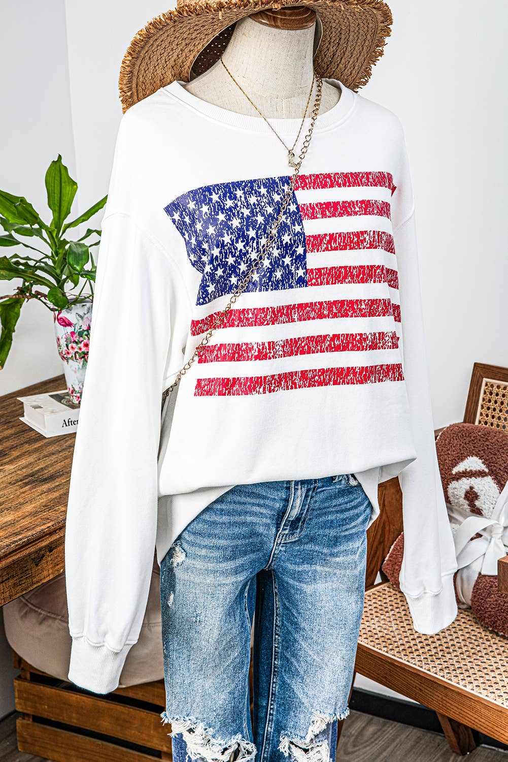 Fashion-W American Flag Drop Shoulder Loose Sweatshirt