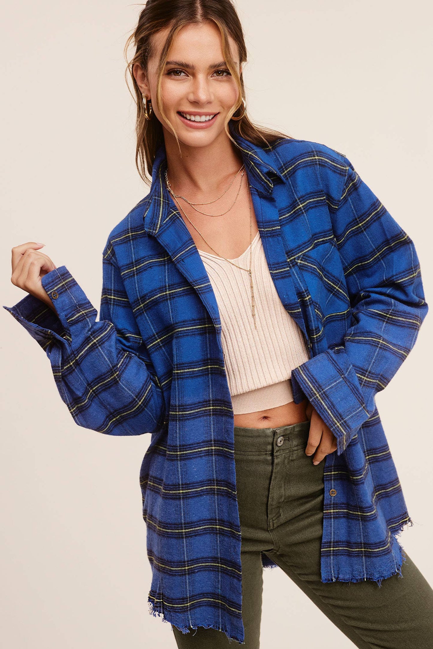 Lena Loose Fit Button Down Two-Tone Washed Plaid Shirts