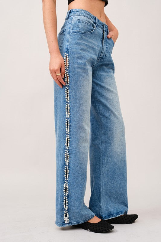 Pearl Embellished Cut Out Side Jeans