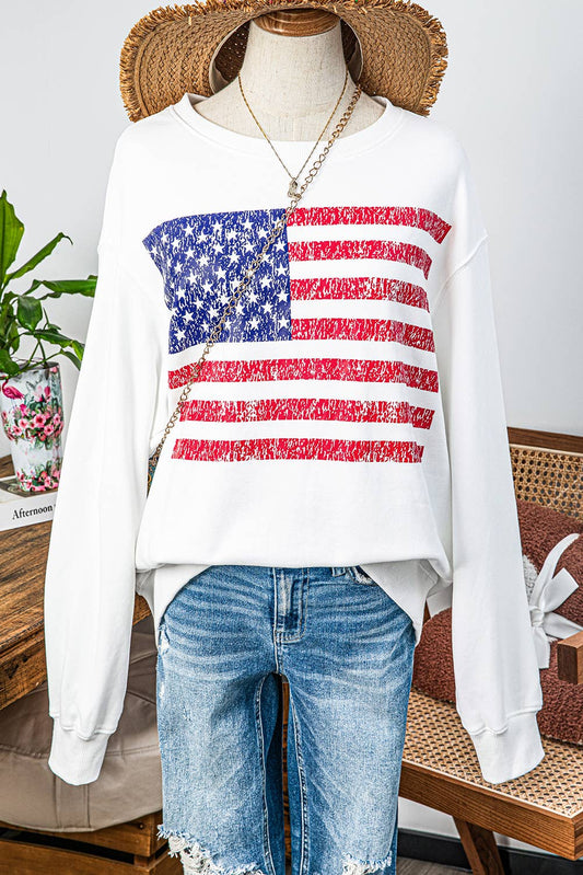 Fashion-W American Flag Drop Shoulder Loose Sweatshirt