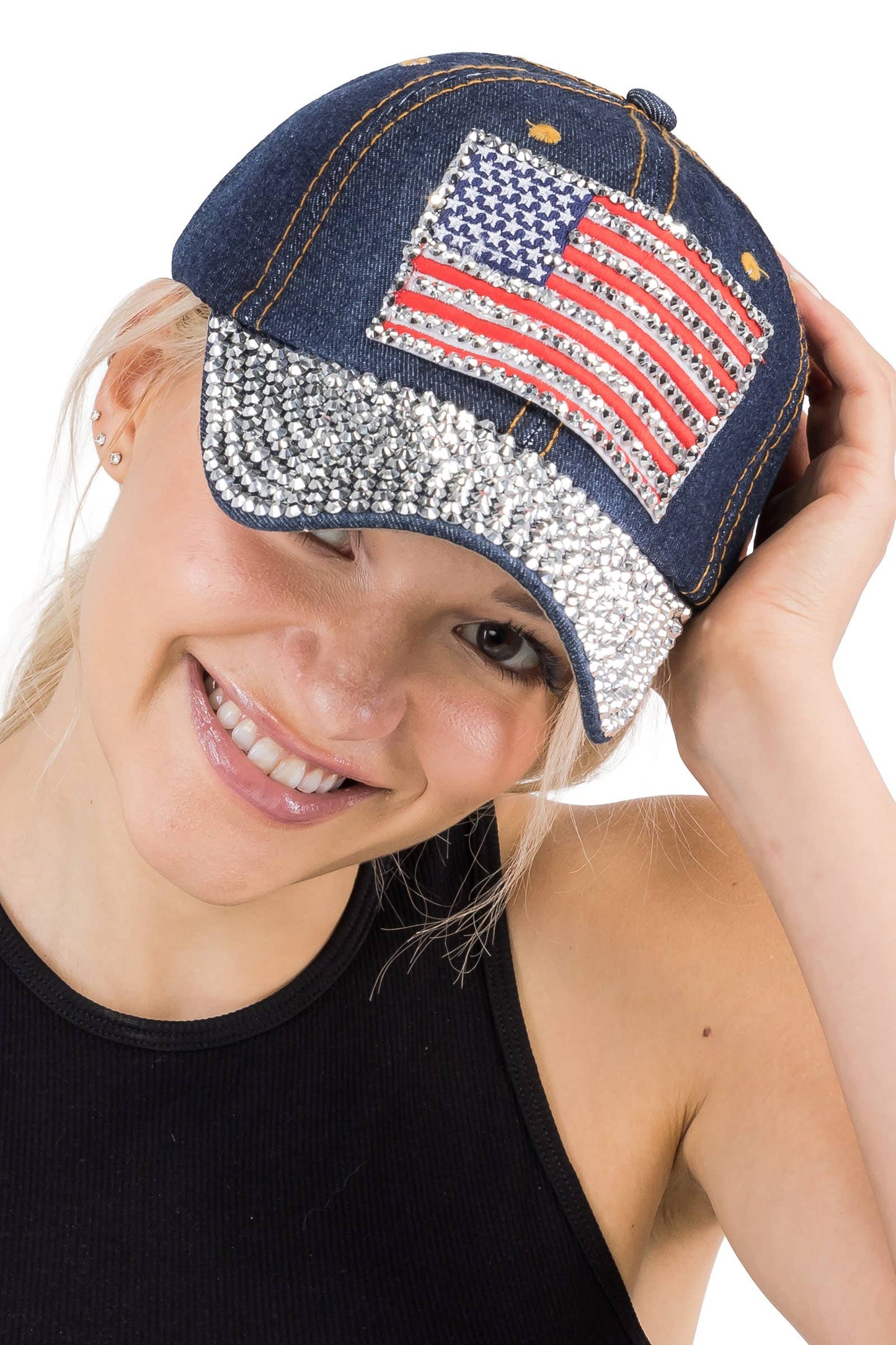American Flag Bling Patch Denim Baseball Cap