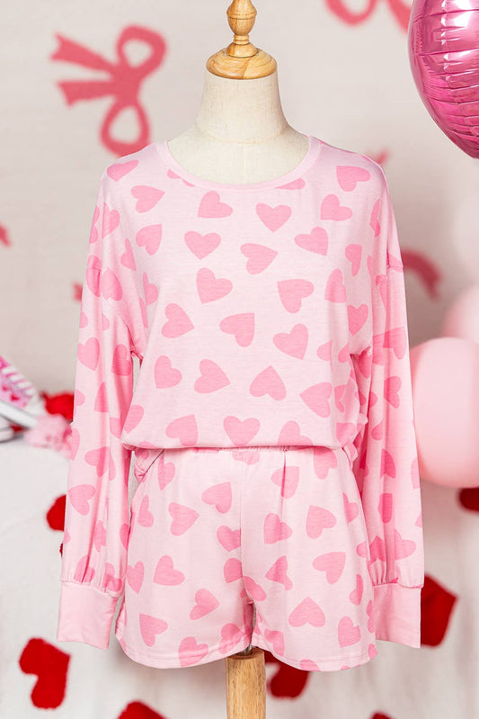 Valentine Heart Print Long Sleeve Top Shorts Lounge Set