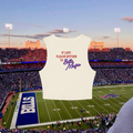 White sleeveless shirt with text over a football stadium background