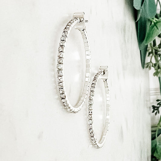 Crystal wire hoop earrings --Silver