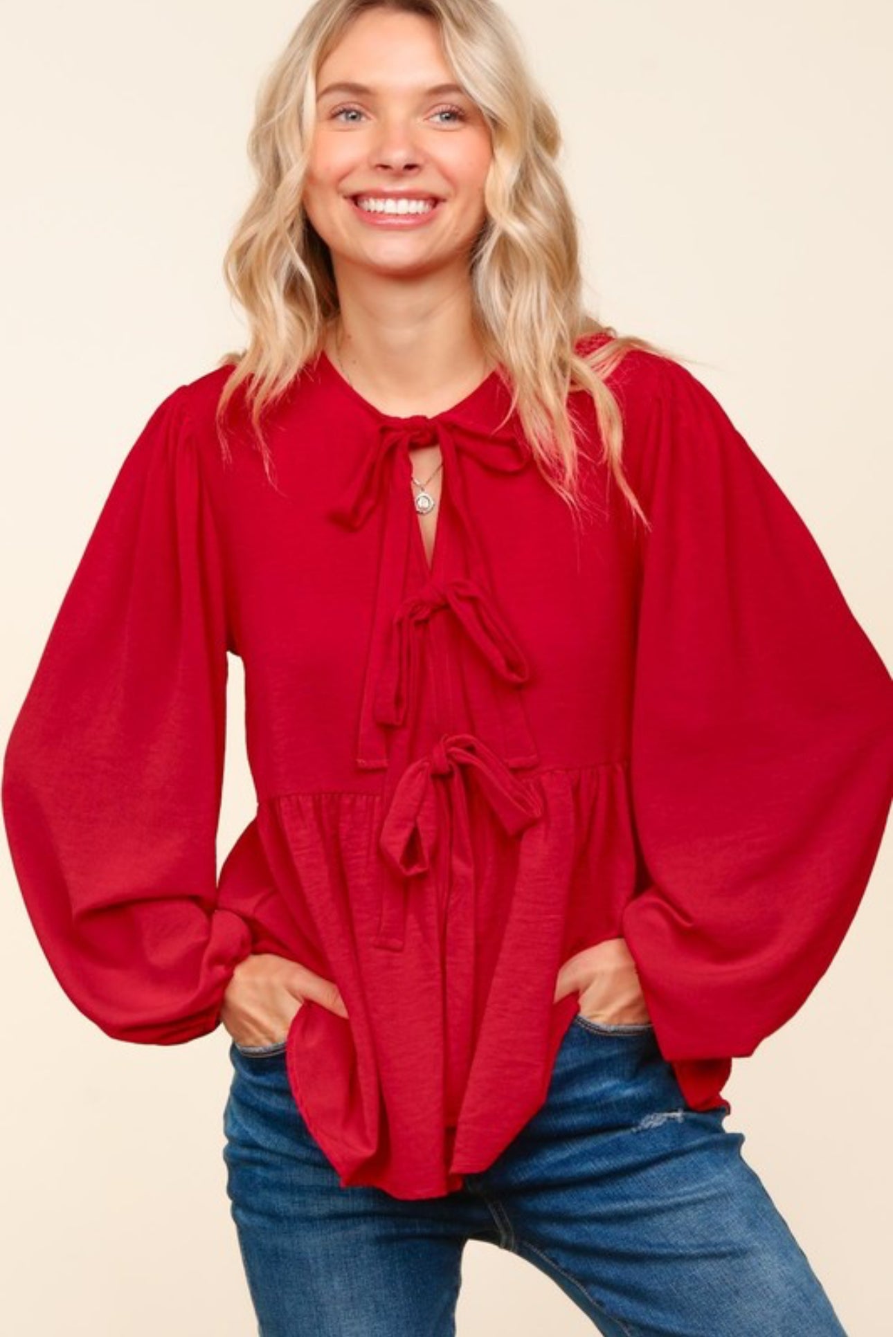 Red Ribbon Tie Blouse