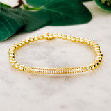 Stainless Steel Stretch Bracelet With Pave Bar - Gold