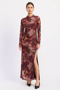 Burgundy After Dark Mock-Neck Mesh Dress