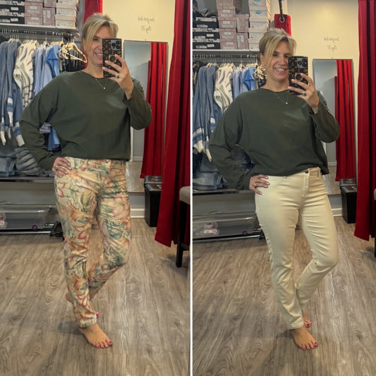 Floral Reversable  Beige Jeans by Tempo Paris