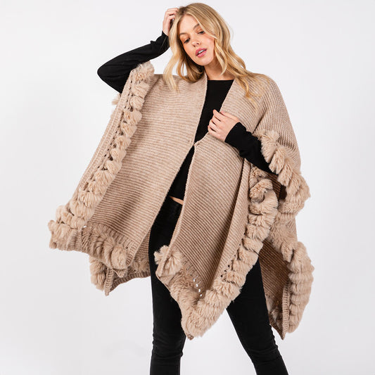 Ruana Faux Fur Trim Cape Taupe