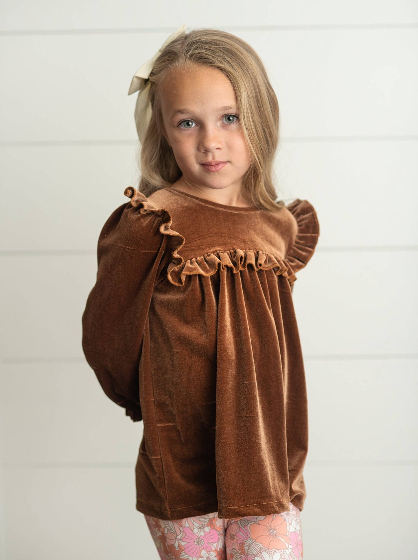 Kids Chocolate Velvet Ruffle Top & Vintage Floral Fall Set