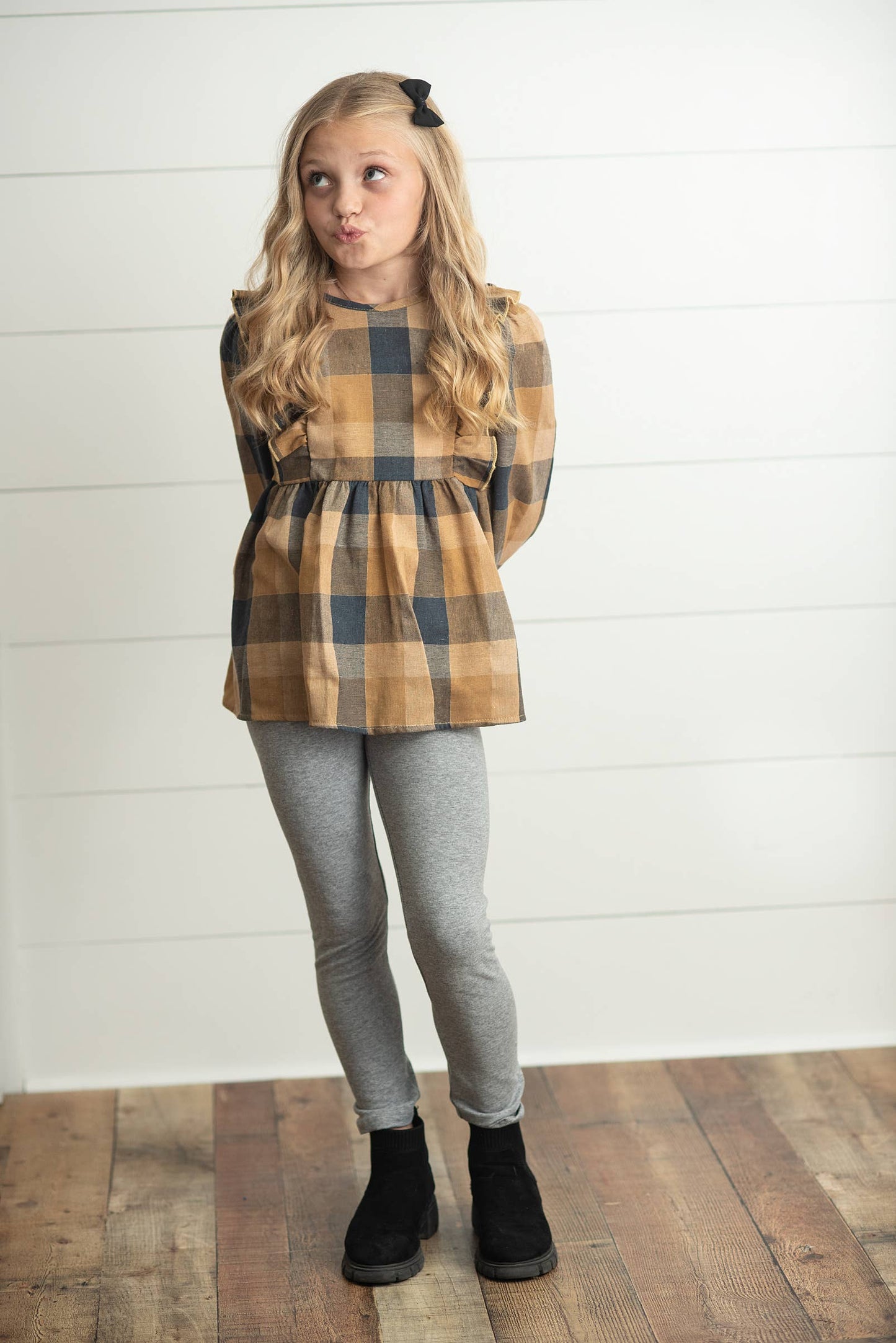 Kids Mustard Gray Plaid Ruffle Button Fall Winter Set