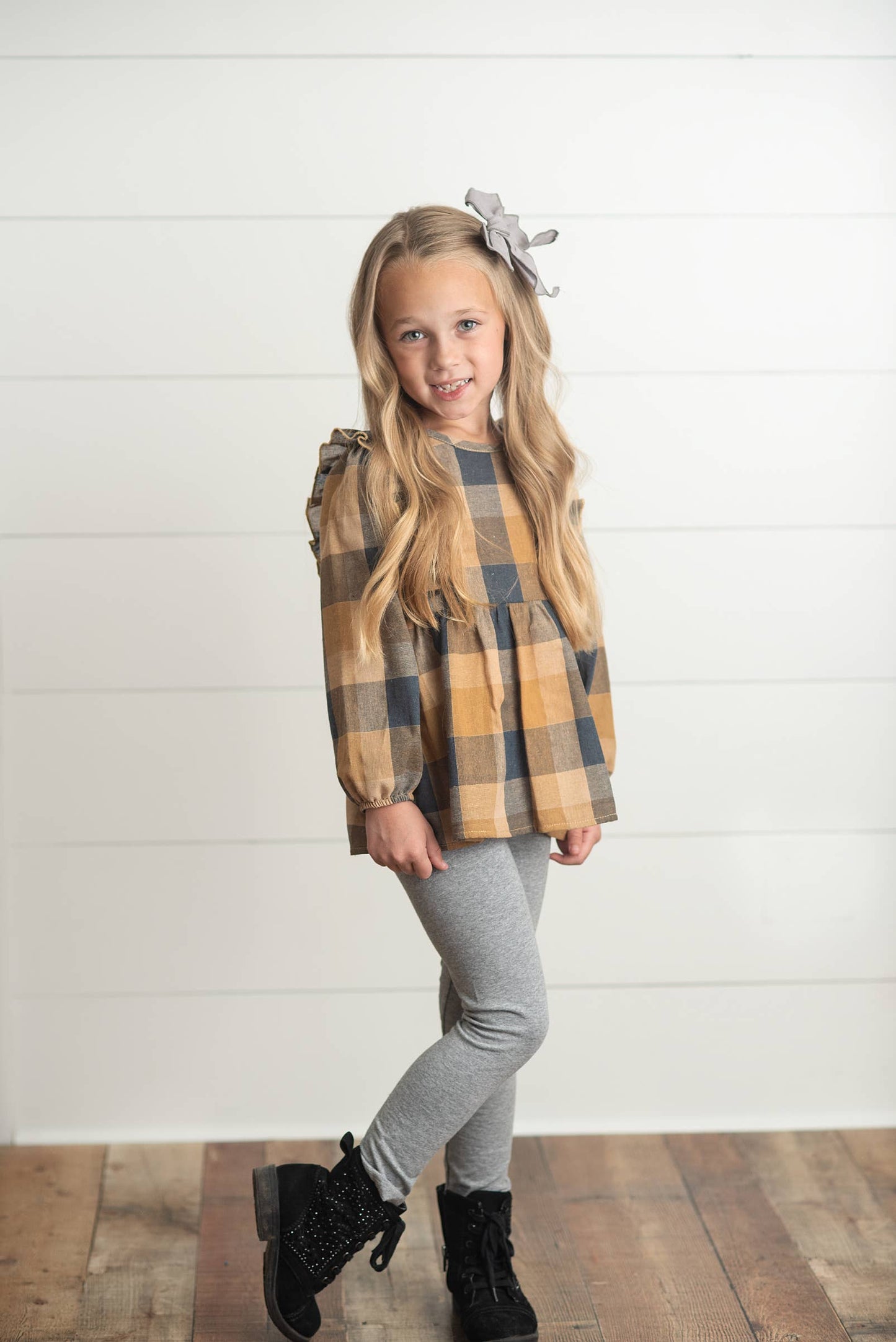 Kids Mustard Gray Plaid Ruffle Button Fall Winter Set